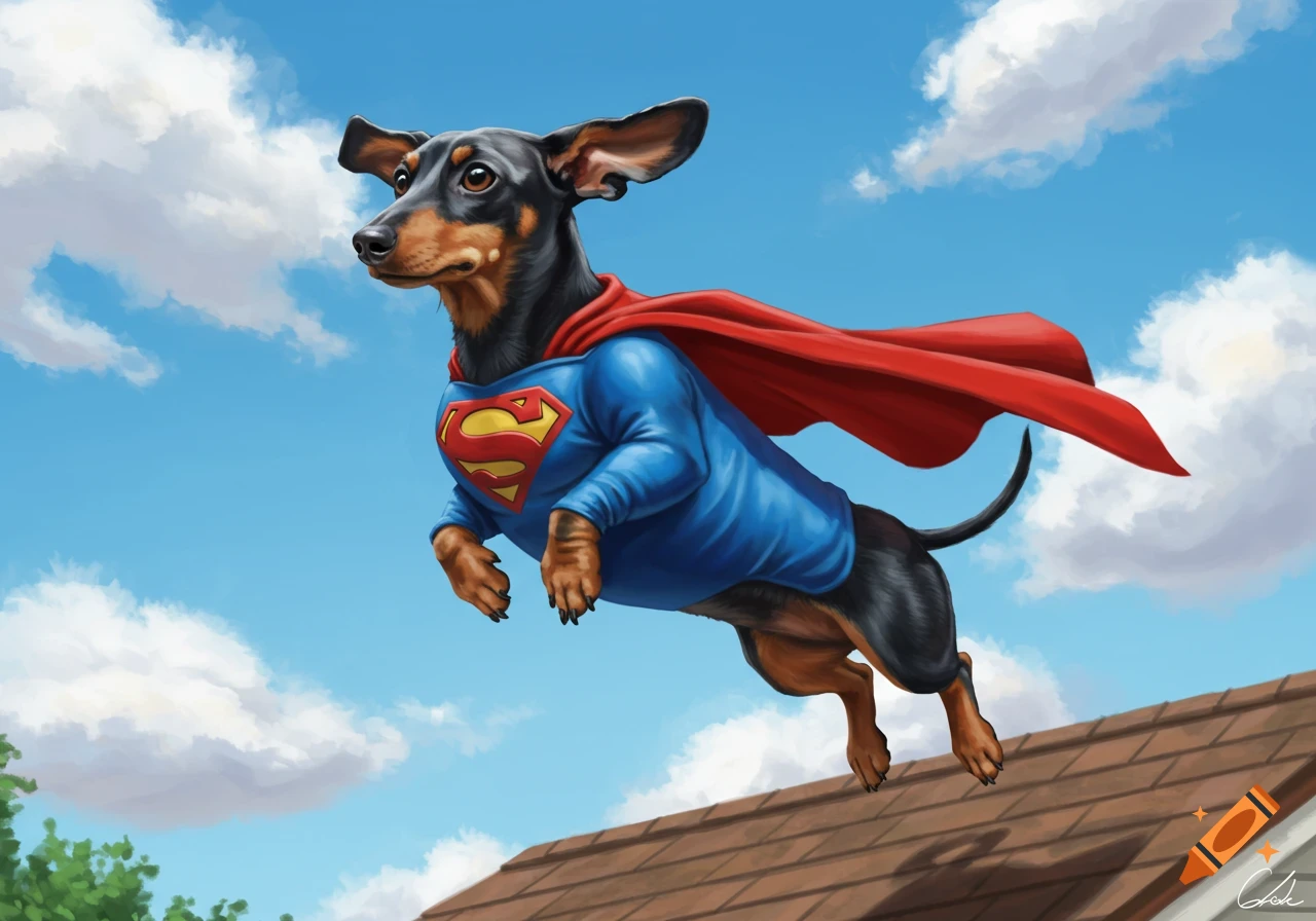 Illustration of a dachshund dog in a Superman suit flying over a brown roof against a blue sky with white clouds.