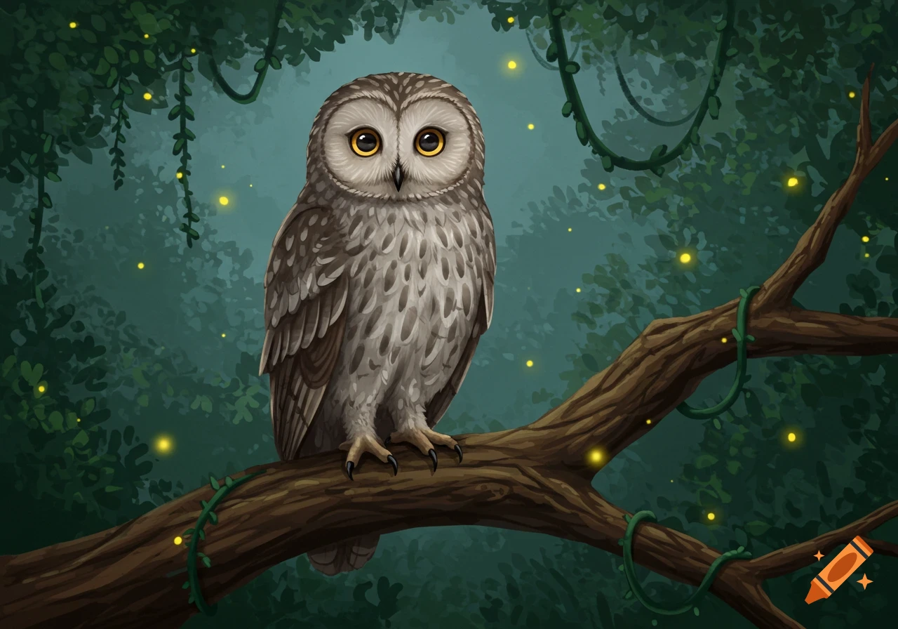 Stylized illustration of a wide-eyed owl perched on a branch in a dark forest with glowing fireflies.