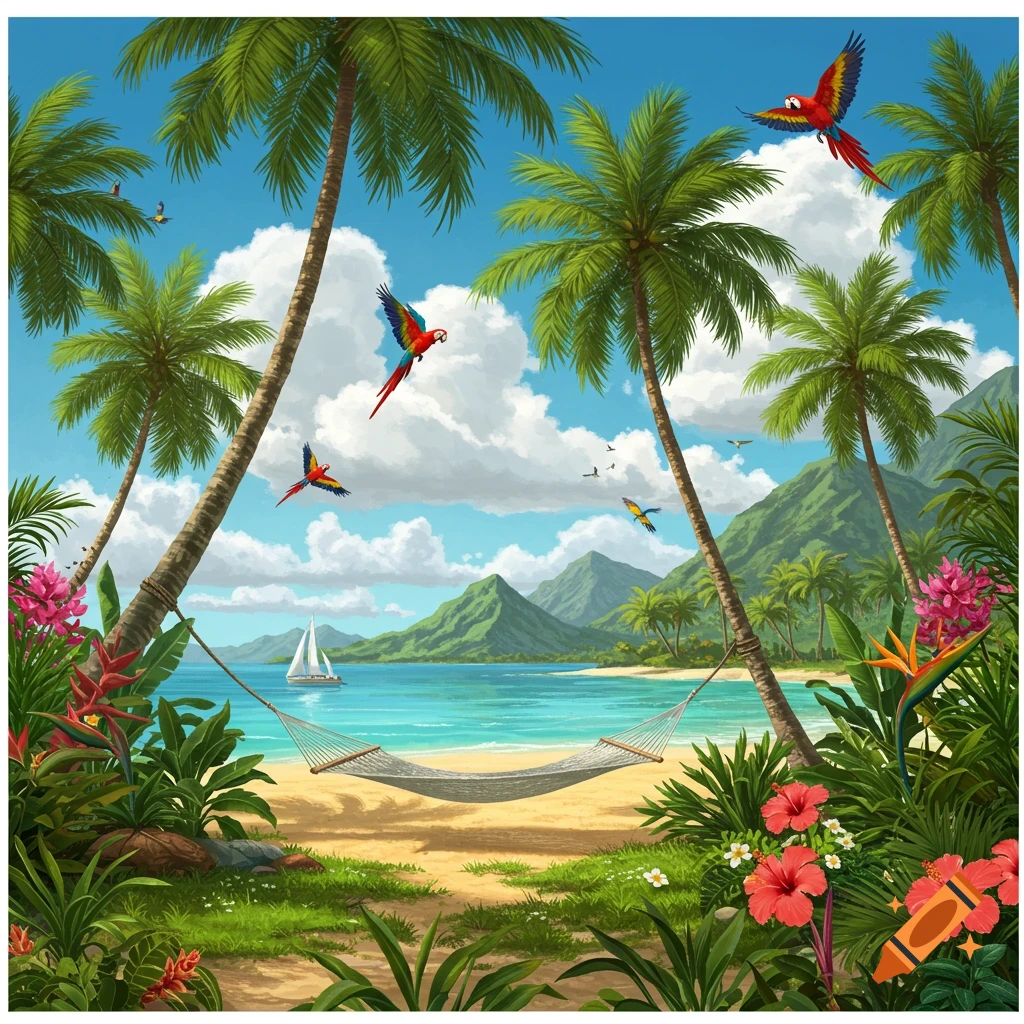 Vibrant illustration of a tropical beach with palm trees, flying parrots, a hammock, sailboat, and lush foliage.