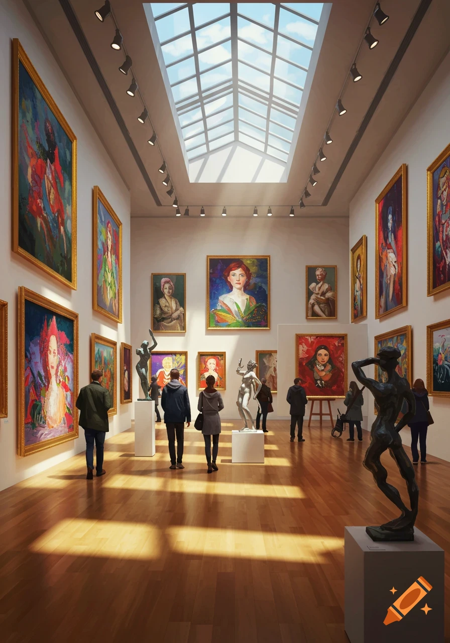 An art gallery with a high skylight, showcasing various paintings and sculptures, with visitors admiring the artworks.