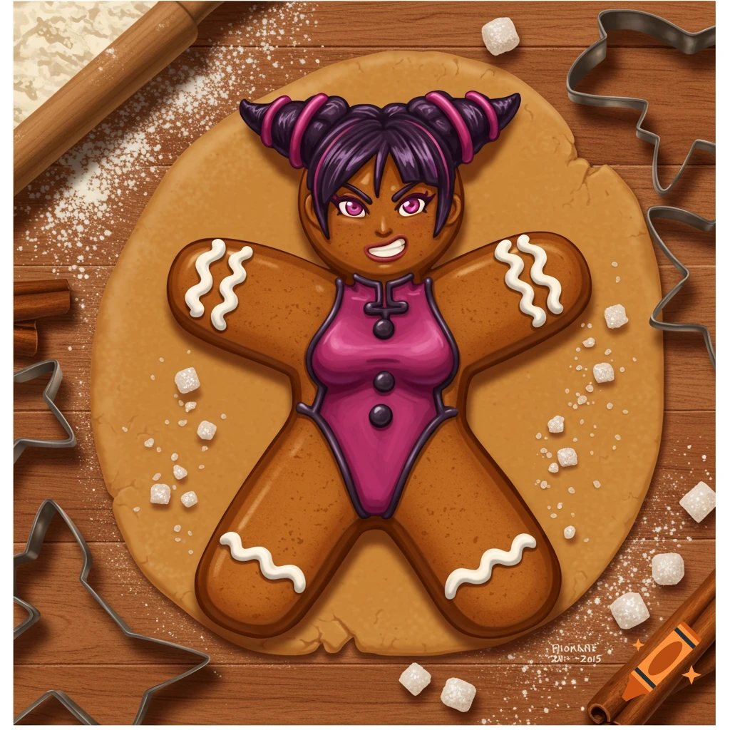 A cartoon gingerbread cookie of Juri Han from Street Fighter, with purple hair buns and a pink outfit, lying on raw dough with a rolling pin and cookie cutters.