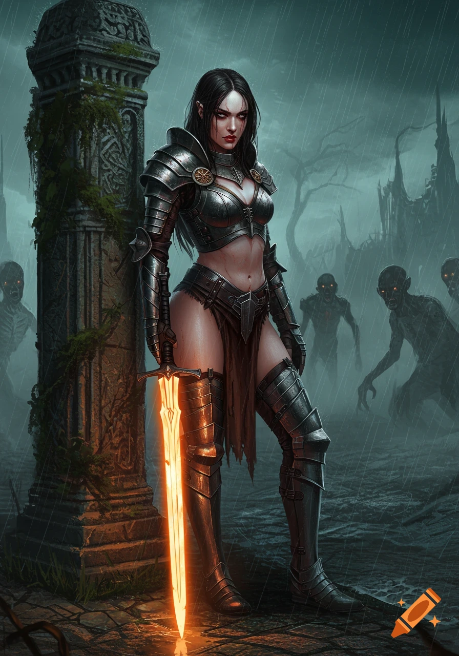 A dark fantasy warrior in detailed armor holds a glowing sword in a rainy, grim landscape with zombies lurking in the background.