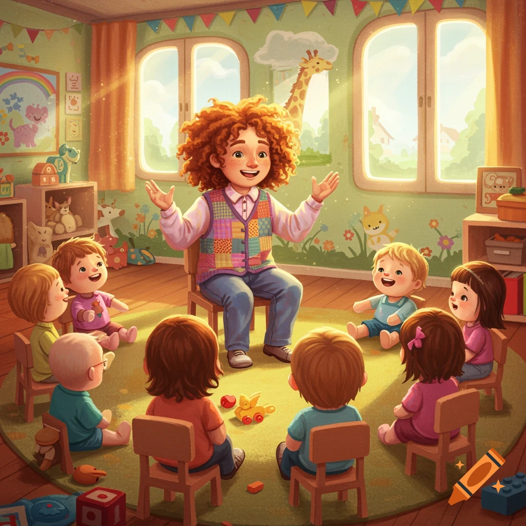 Whimsical illustration of a red-haired teacher with open arms, engaging with smiling toddlers during circle time in a bright classroom.