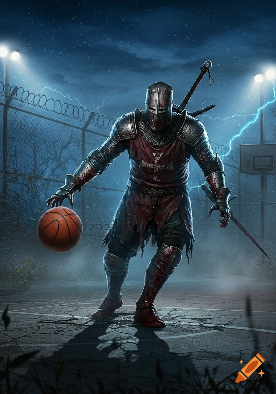 A medieval knight in grim, blood-stained armor dribbles a basketball on a cracked, outdoor court at night, under stormy skies with lightning.