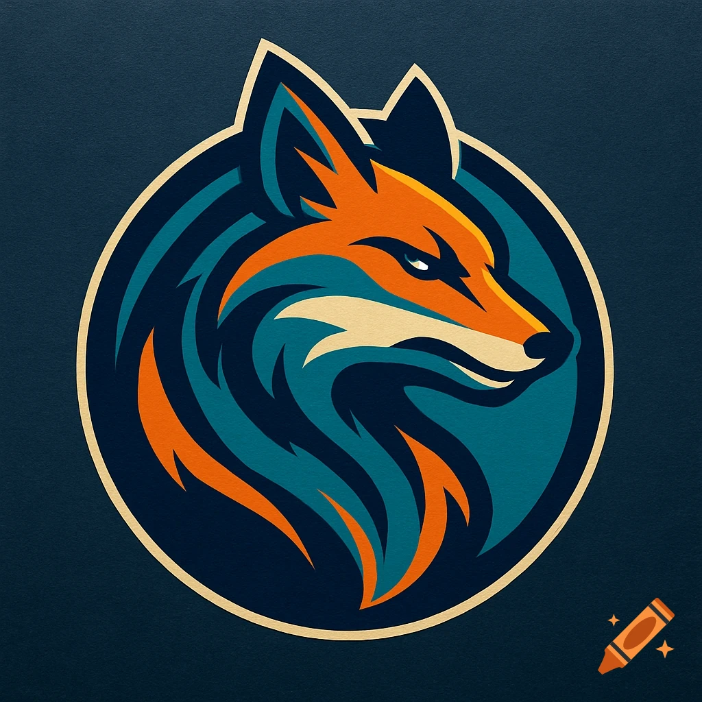 Stylized fox head logo in orange, teal, and navy, within a round emblem with a thick outline.