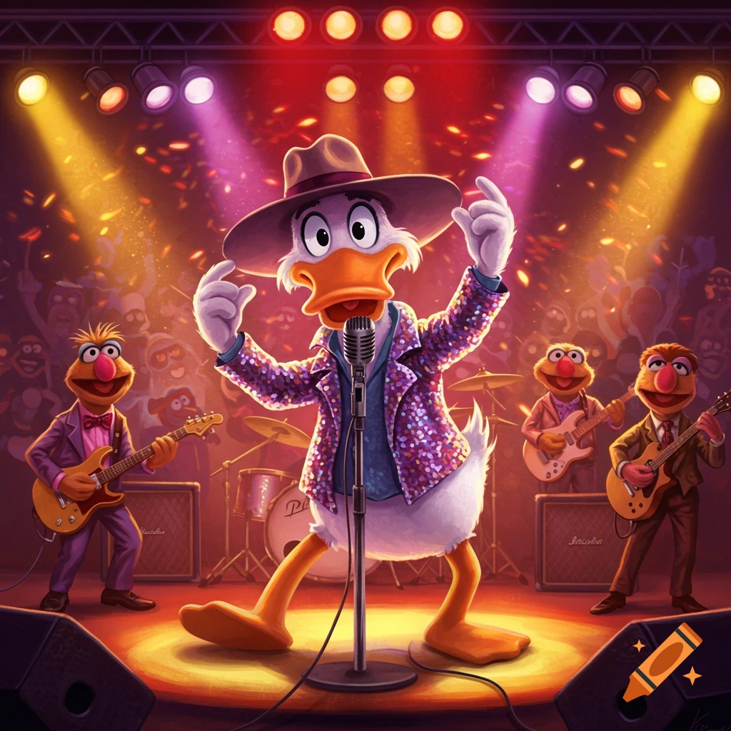 Howard the Duck in a sequined jacket sings into a microphone on a vibrant concert stage, flanked by two Muppet-like characters playing guitars, under colorful spotlights.