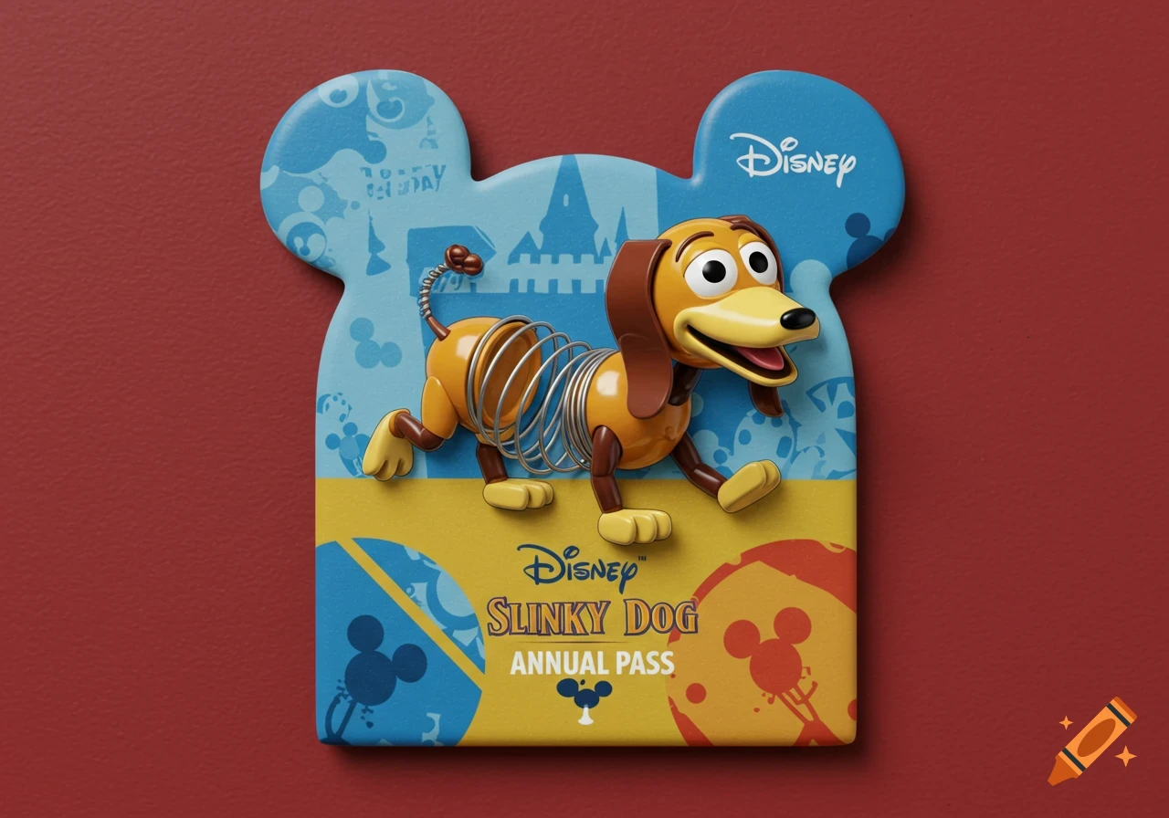 A Disney annual pass holder magnet shaped like Mickey ears featuring a 3D Slinky Dog from Toy Story on a blue and yellow background.