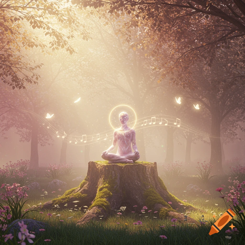 An ethereal figure meditates on a mossy tree stump in a sunlit, misty forest with floating musical notes and butterflies.