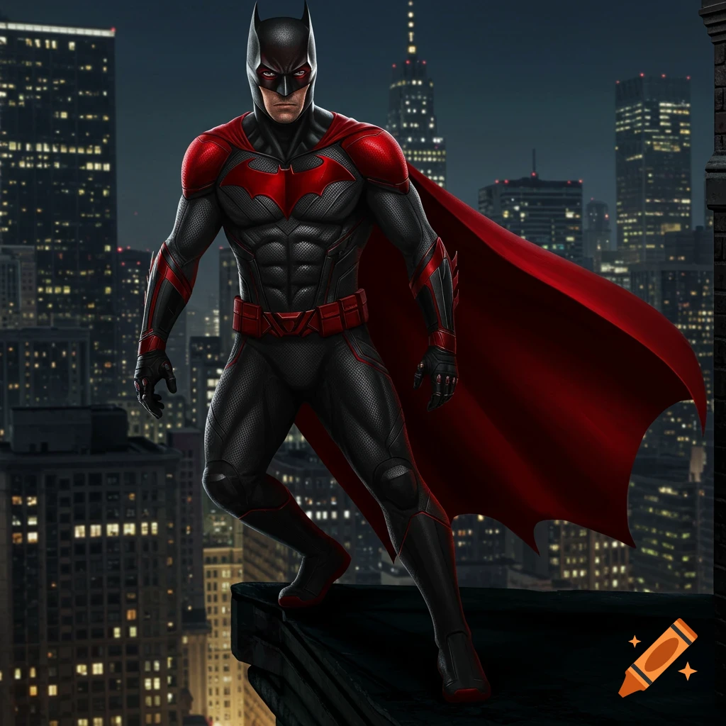 A superhero in a black and red suit with a bat symbol and a red cape stands on a city rooftop at night, overlooking the skyline.