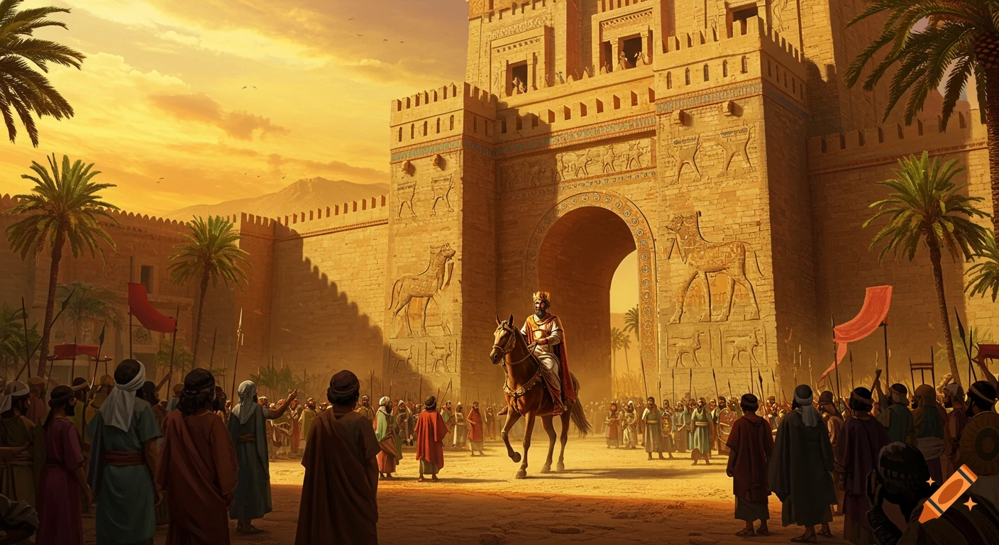 A king on horseback triumphantly enters a grand ancient city gate at sunset, with cheering crowds and towering walls adorned with reliefs.