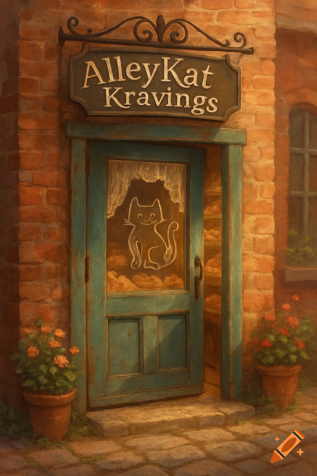 Painterly image of an old-fashioned brick bakery storefront with a turquoise door, a sign reading 'AlleyKat Kravings', and a cat etched on the glass.
