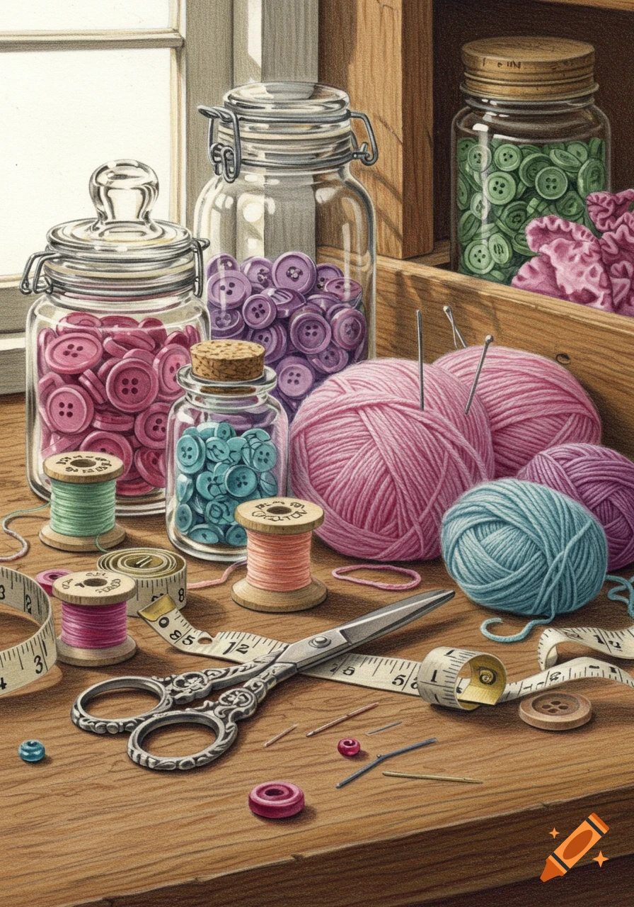 A detailed pencil drawing of crafting supplies, including jars of buttons, colorful yarn balls, spools of thread, a pair of scissors, and a measuring tape on a wooden surface.