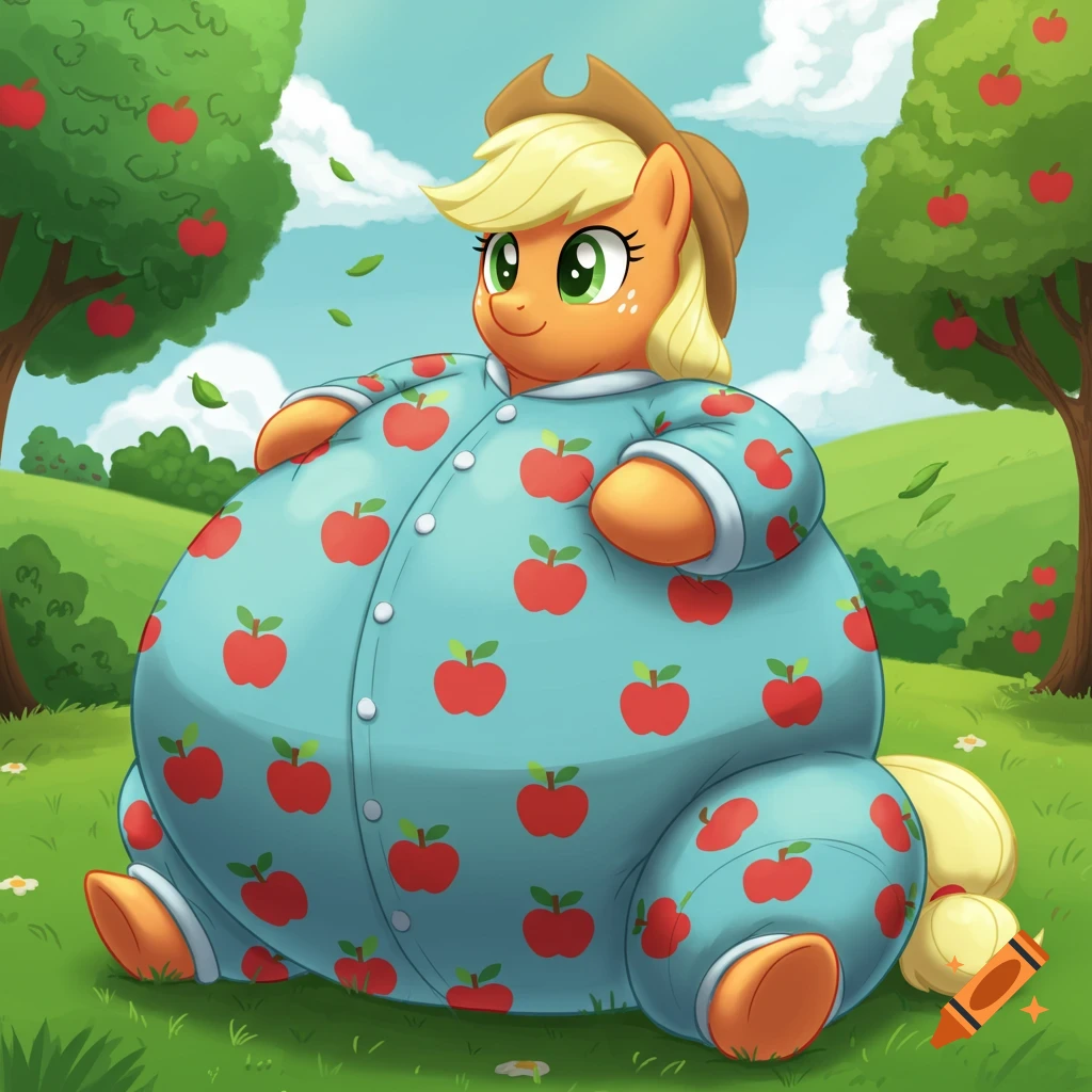 Cartoon Applejack from My Little Pony, inflated and wearing blue apple-patterned footie pajamas, sitting in a grassy field.