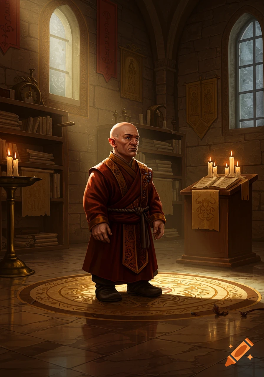 A bald dwarf monk in a red robe stands in a sunlit stone chamber with bookshelves, candles, and an ornate rug.