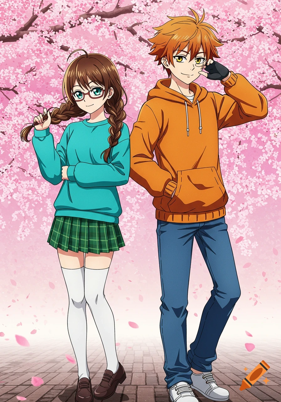 Anime girl with braids and glasses next to an anime boy, both standing under pink cherry blossoms.
