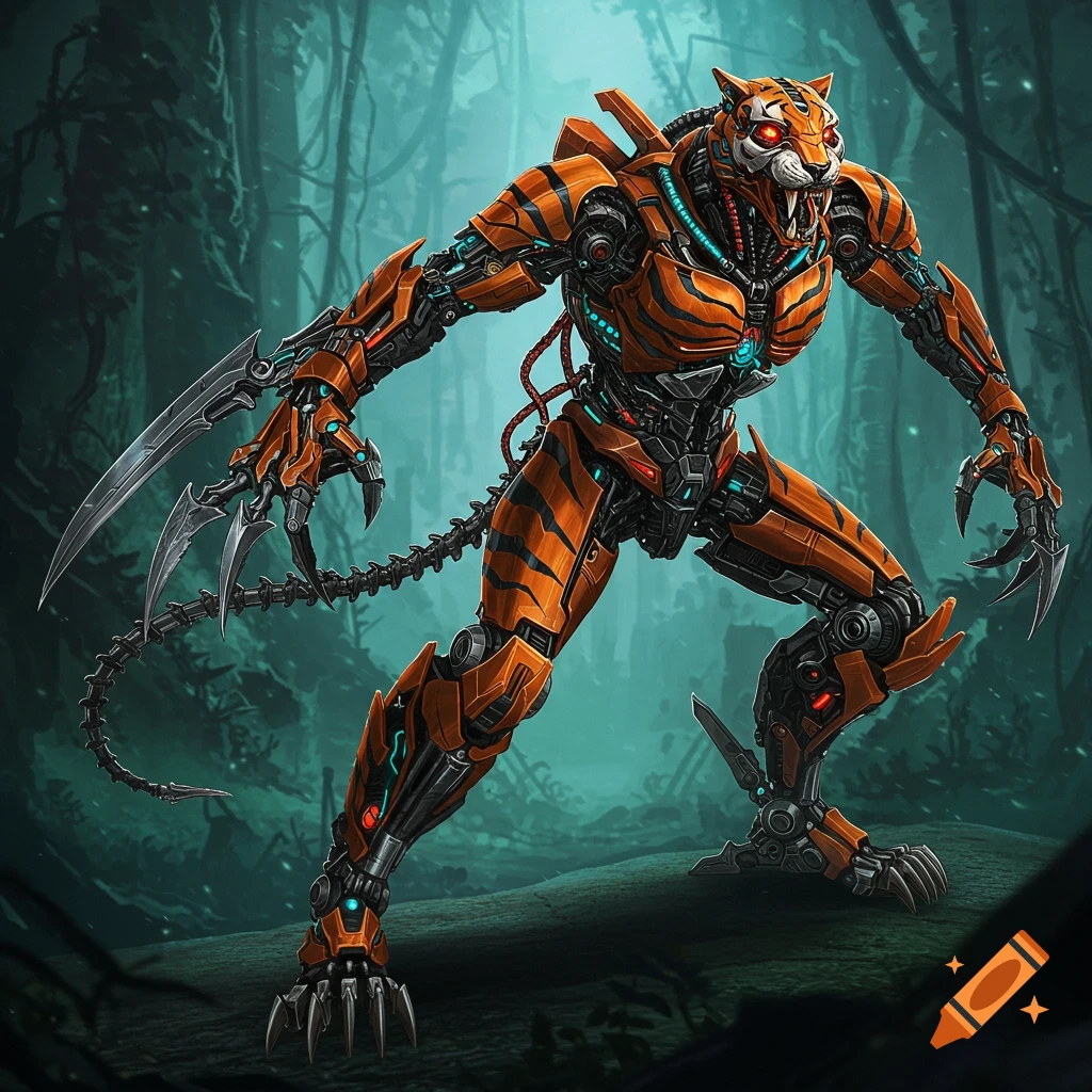 A fearsome, orange and black striped biomechanical tiger robot with glowing eyes and sharp claws stands in a dark jungle.