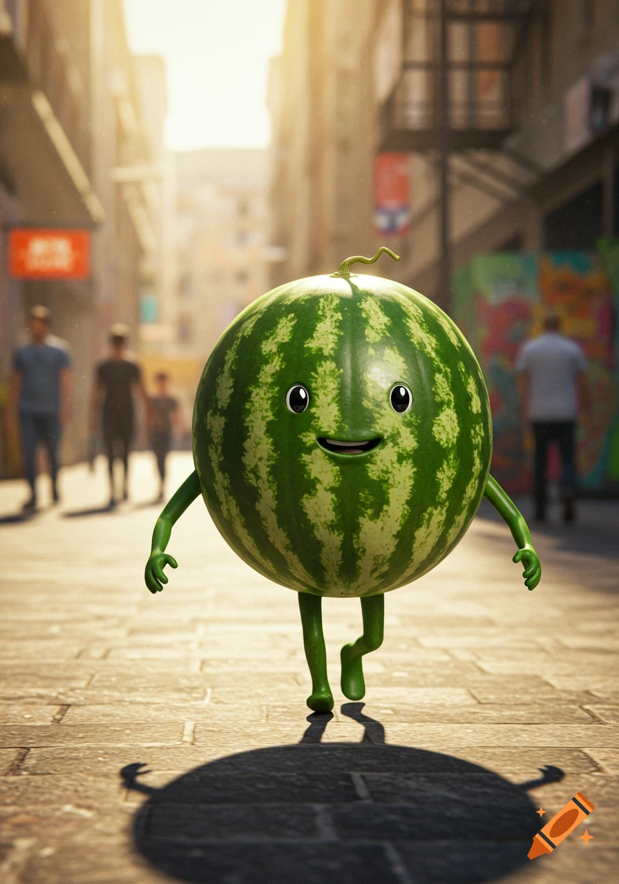 A cute 3D rendered anthropomorphic watermelon with arms, legs, and a smiling face walks down a sunlit city street.