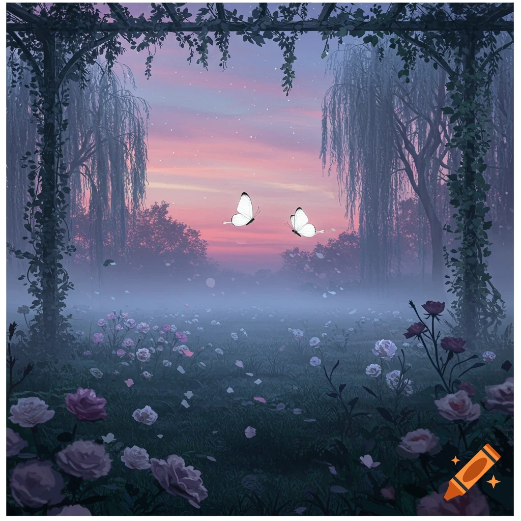 A dreamy, misty garden with pink and purple flowers, weeping trees, and two white butterflies under a star-filled sunset sky.