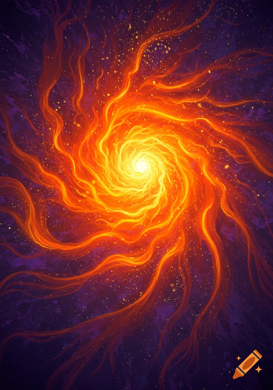 Vibrant orange and yellow light swirls outward from a bright center against a dark, textured purple background, resembling an energy vortex.
