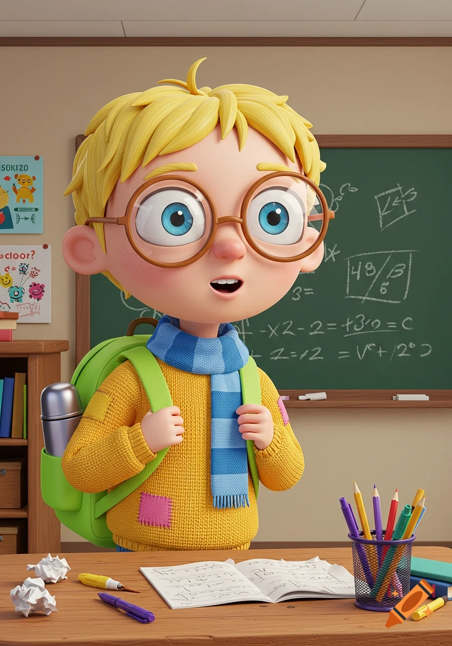 A cute cartoon boy with blonde hair and glasses, wearing a yellow sweater, blue striped scarf, and a green backpack, stands in a classroom with a blackboard and desk.