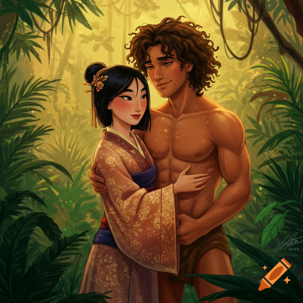 Mulan in traditional attire and a shirtless Tarzan embrace romantically in a lush animated jungle setting.