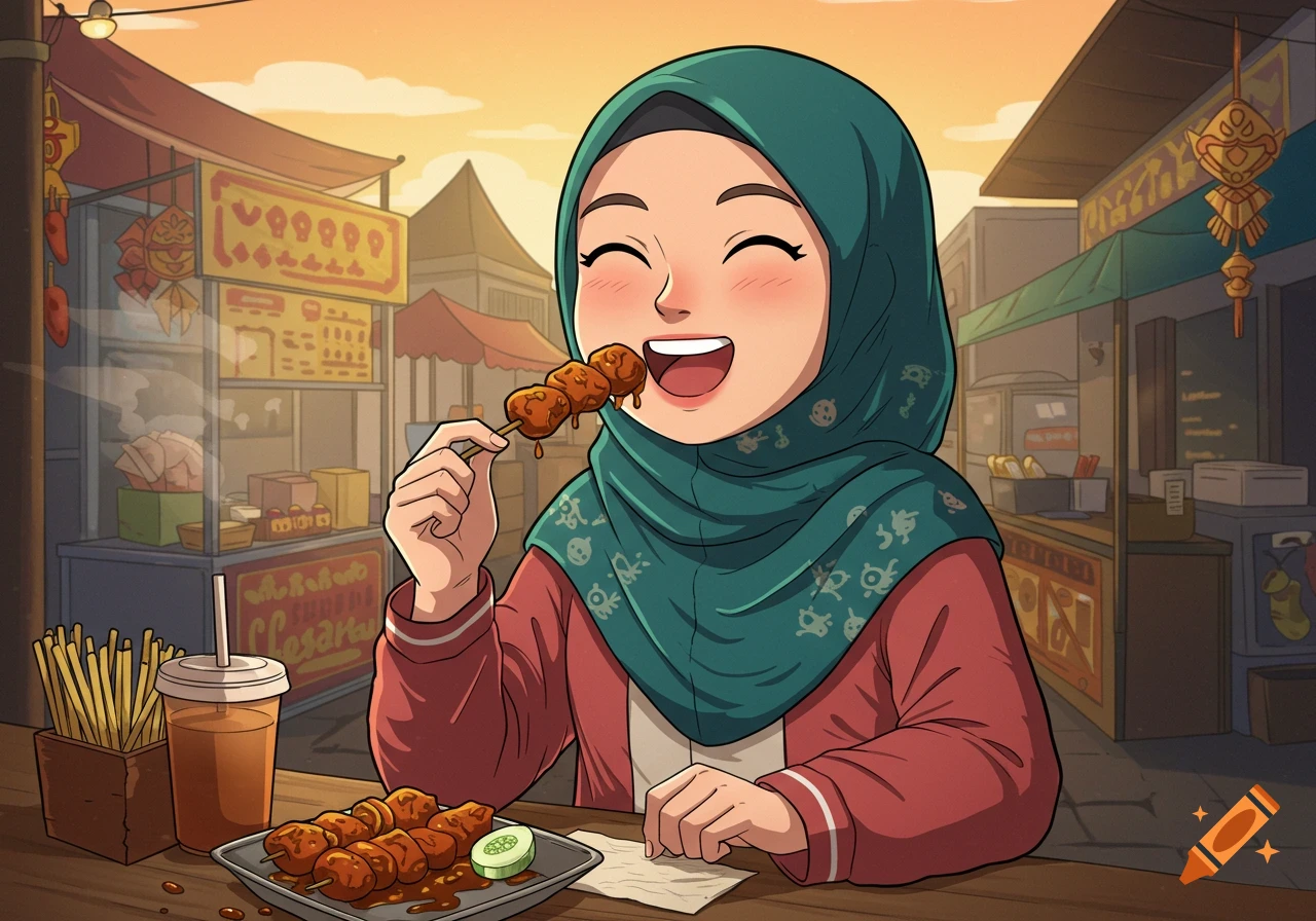 Smiling Indonesian hijabi girl in a teal hijab eats cilok from a skewer at a lively street food market, cartoon style.