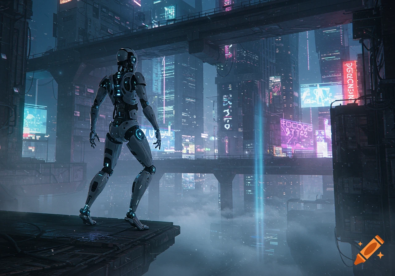 White and black robot with blue accents overlooks a misty, neon-lit futuristic city from a platform in a photorealistic style.