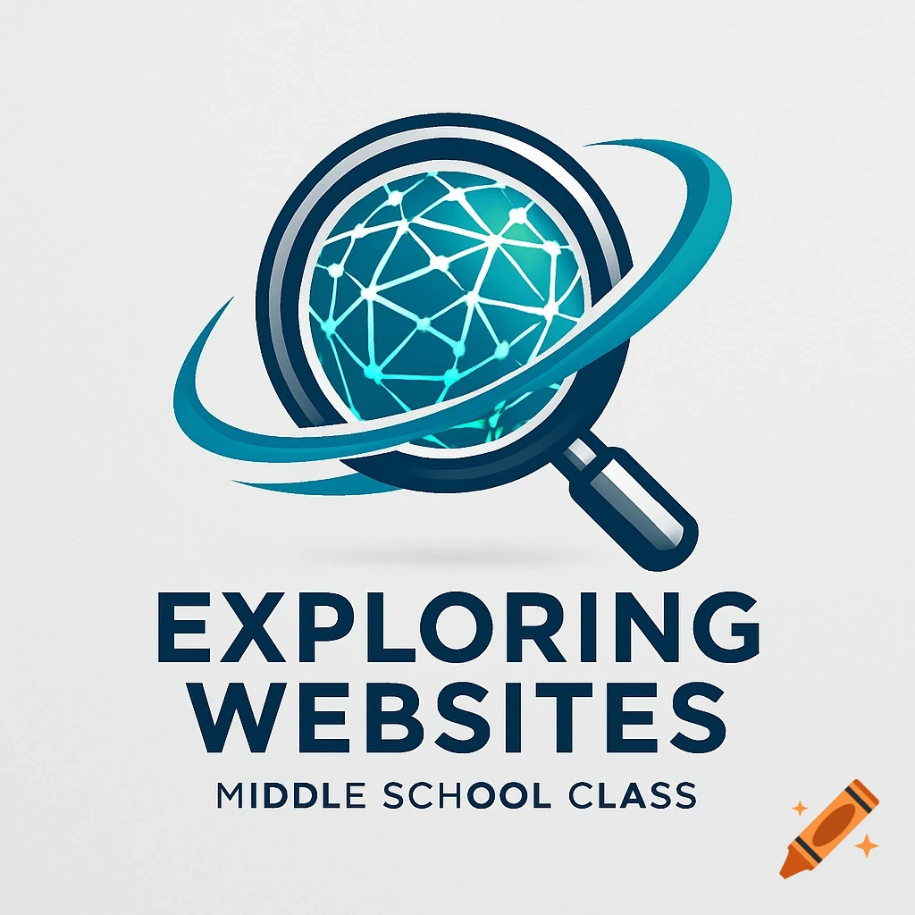 A logo featuring a magnifying glass over a glowing blue network globe, with text 'EXPLORING WEBSITES MIDDLE SCHOOL CLASS'.