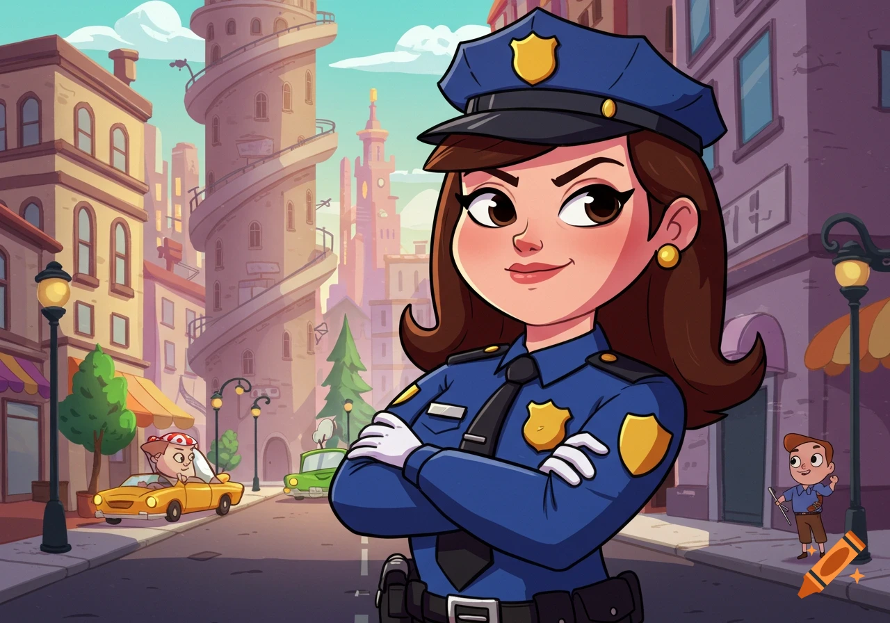 A confident cartoon female police officer in uniform stands with crossed arms in a bustling city street.