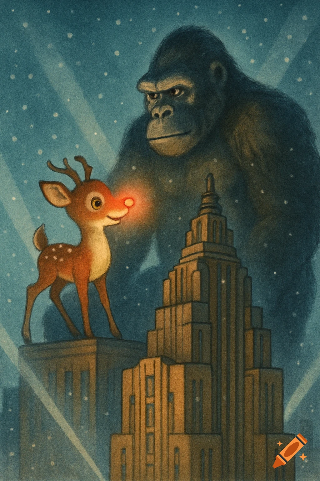 An illustration of Rudolph the Red-Nosed Reindeer with a glowing nose standing on a skyscraper, looking at a giant King Kong in a snowy city.