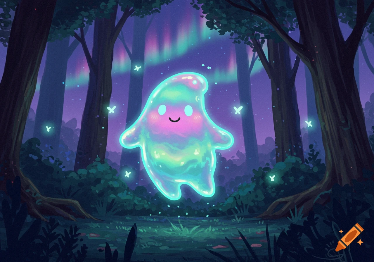 A cute, glowing, iridescent blob creature floats happily in a magical forest under a vibrant aurora borealis, with fireflies.