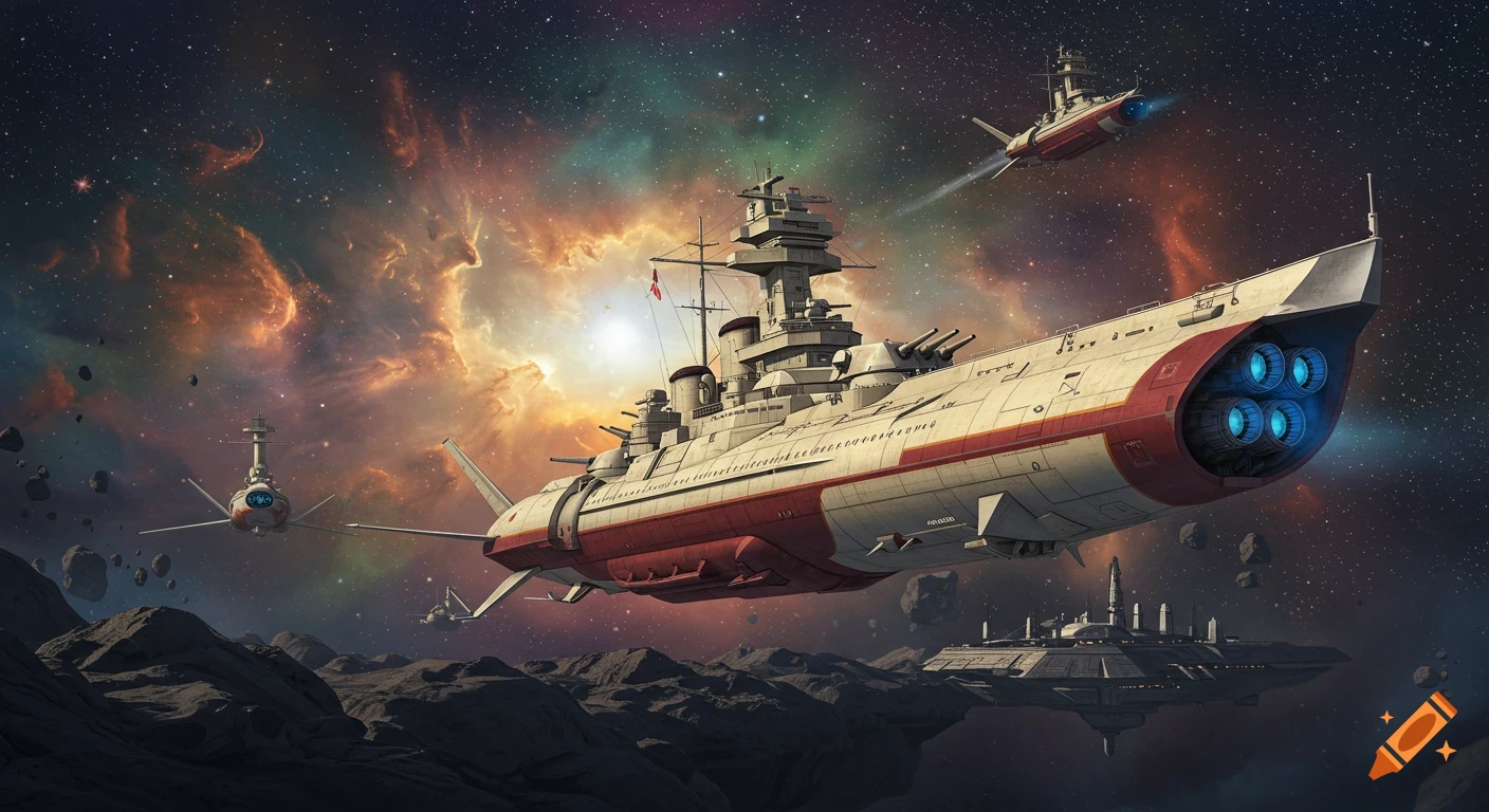 Retrofuturistic space cruisers fly past a rugged asteroid starbase near a colorful nebula in deep space.