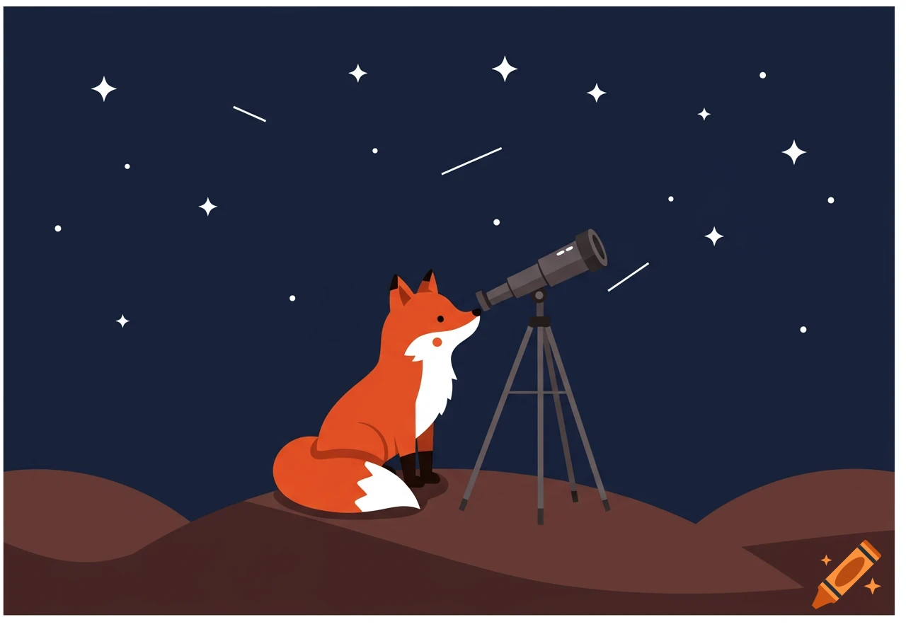 A cute, cartoon-style fox looks through a telescope at the starry night sky from a hilltop.