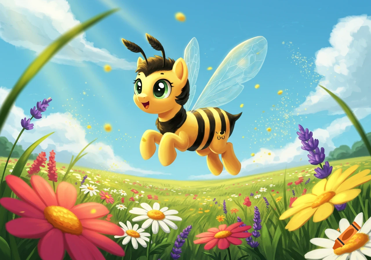 A cute cartoon bee-like My Little Pony character flies over a vibrant meadow of colorful flowers under a sunny blue sky.