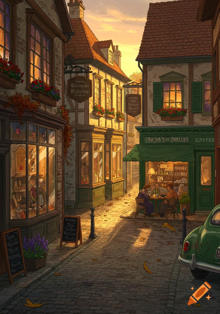 A warmly lit illustrated street scene with shops, a cafe, and people sitting outdoors at sunset.