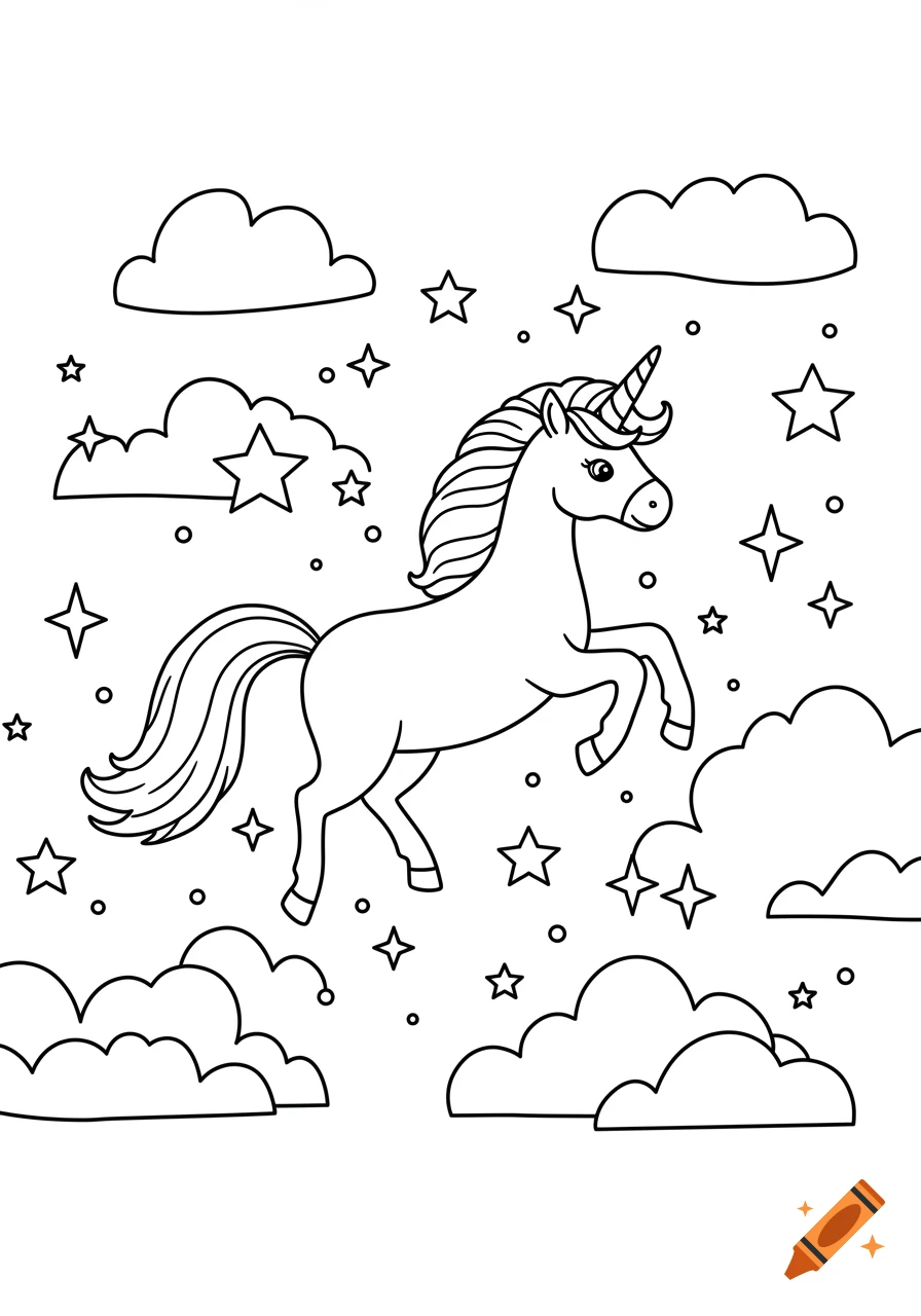 Unicorn prancing among clouds and stars, simple black line art coloring page.