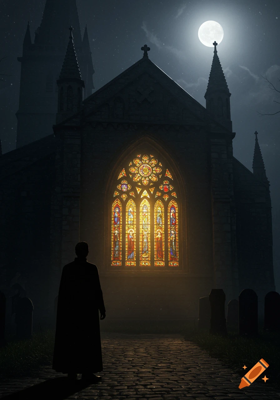 A cloaked figure stands on a cobblestone path outside a gothic church at night, its stained glass window illuminated, under a full moon.