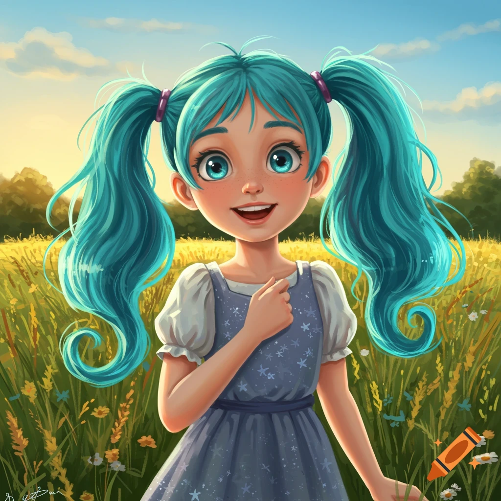 A smiling cartoon girl with long teal pigtails and big blue eyes stands in a sunny golden field.