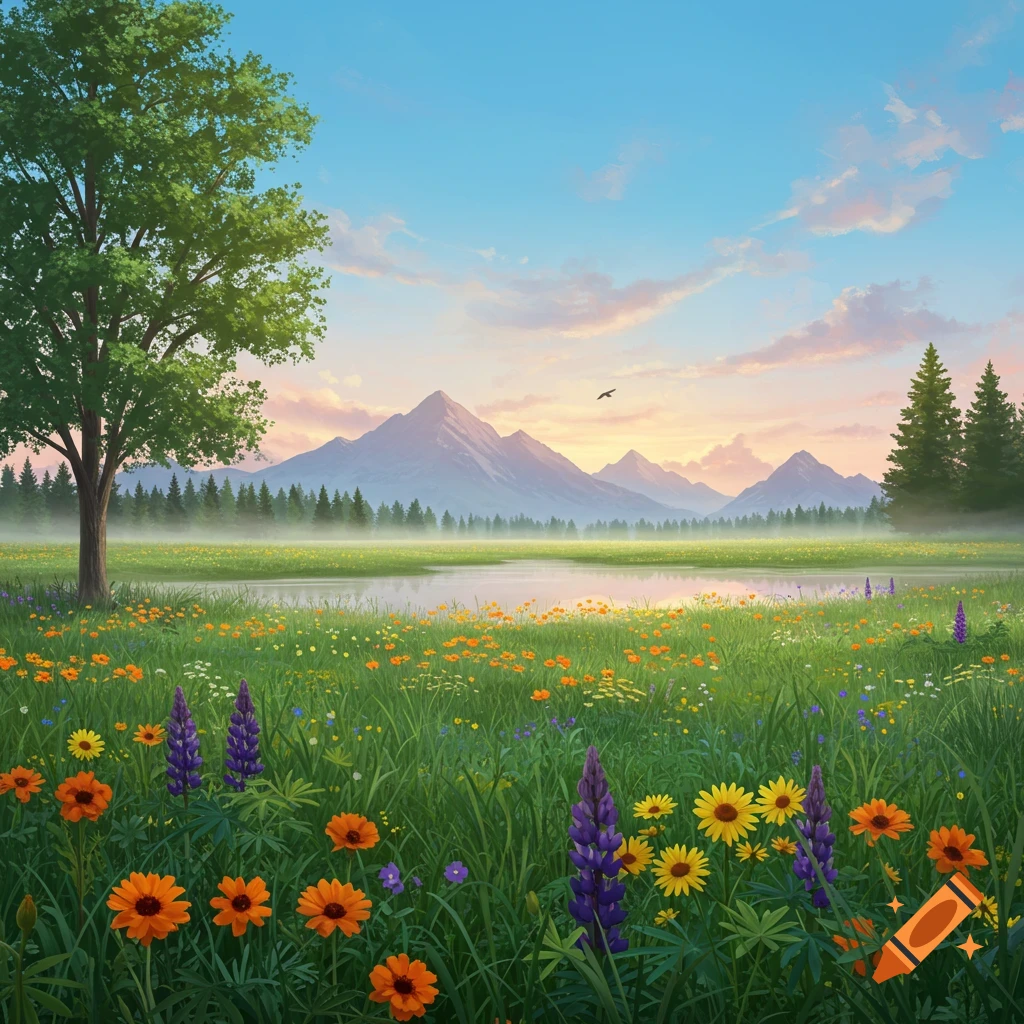 A vibrant digital painting of a mountain landscape with a lake, lush green meadows, and colorful wildflowers under a clear sky.