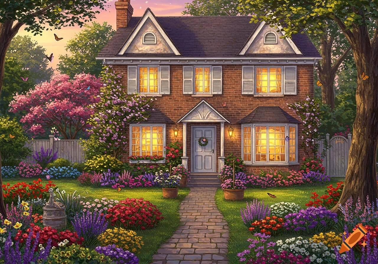 A charming brick house with glowing windows and a stone path, surrounded by a vibrant, colorful garden filled with flowers and trees, with butterflies.