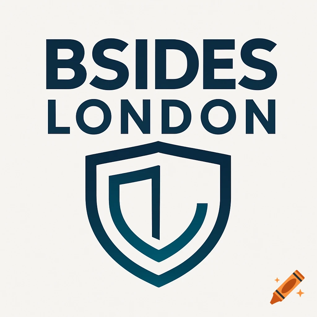 A logo for BSides London with dark blue text and a stylized shield icon in blue and teal.