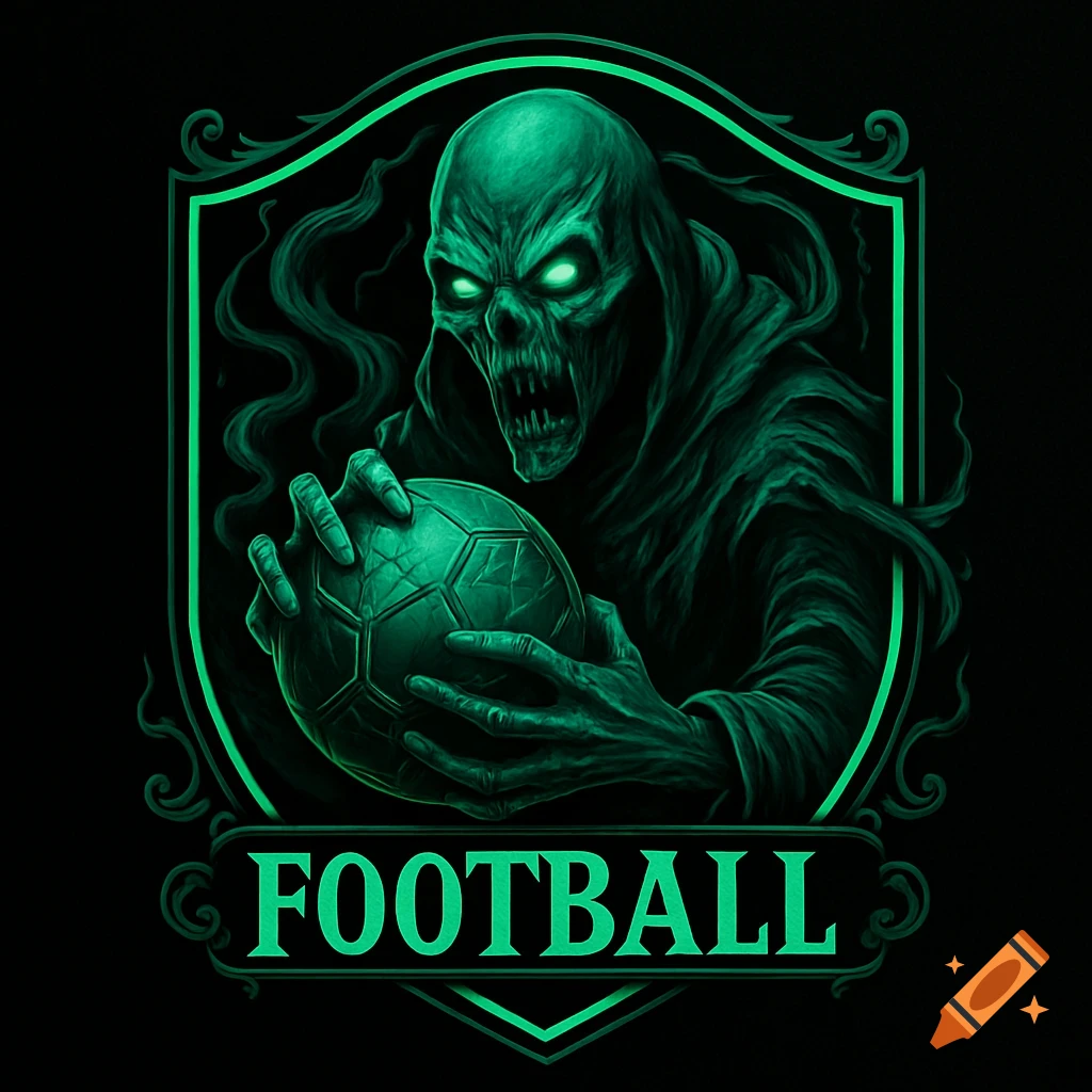 Green-glowing ghoul holding a soccer ball in a shield logo with 'FOOTBALL' text below, horror style.