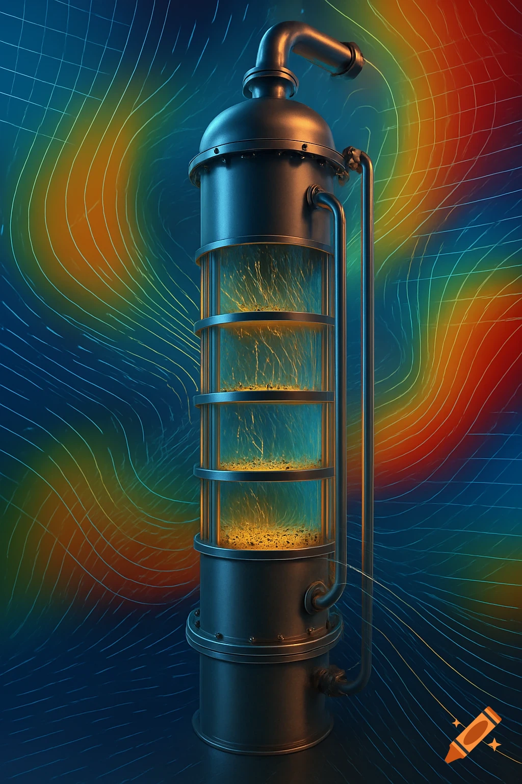A detailed scientific visualization of a distillation column with glowing contents, set against a vibrant, swirling abstract background.