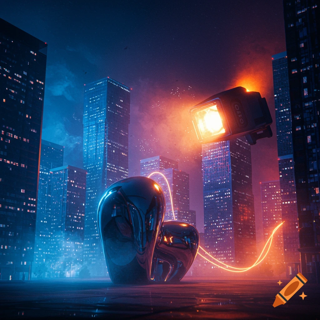 Futuristic neon cityscape at night with two reflective heart-shaped objects on the ground and a flying flash light.