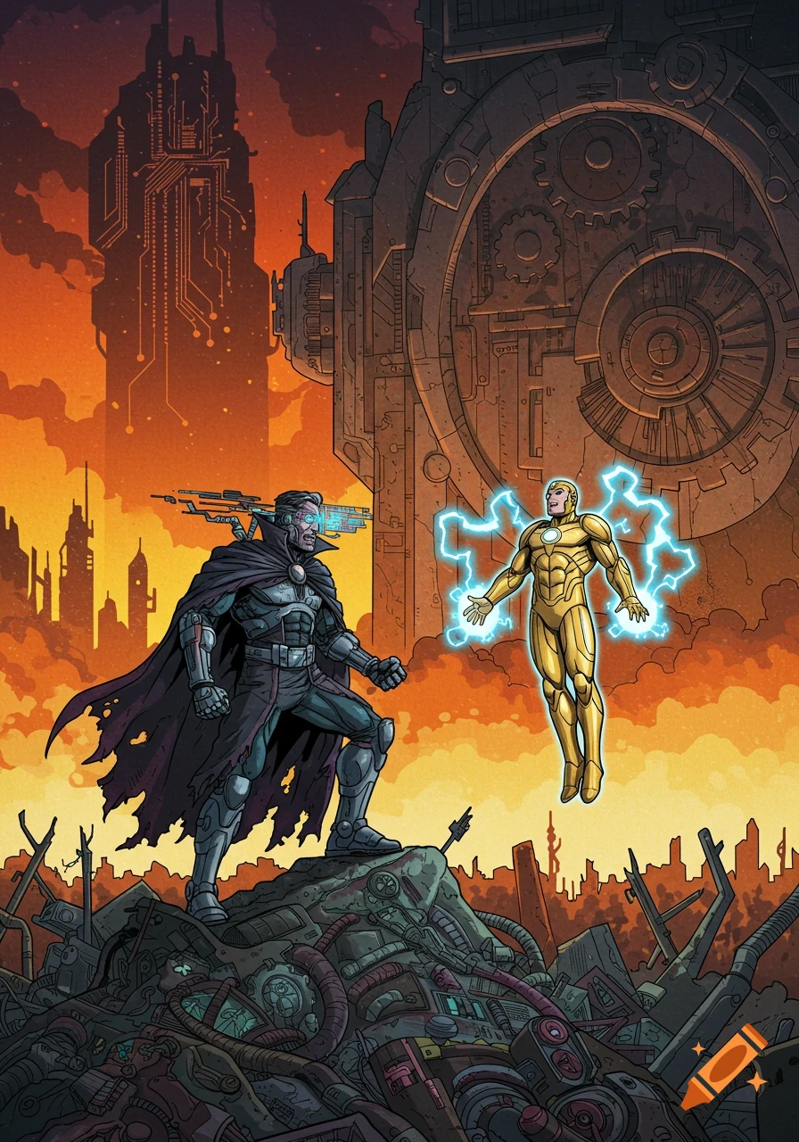 Comic art of a dark-cloaked cyborg villain on a rubble pile facing a golden superhero floating with electricity, against a sci-fi city under an orange sky.