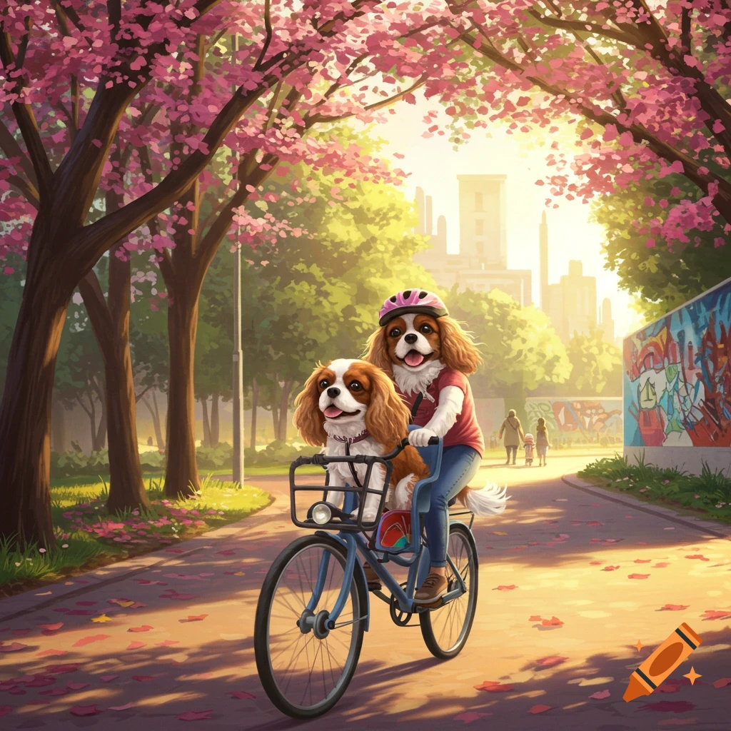 Illustrated scene of two Cavalier King Charles Spaniels cycling in a park under pink blossom trees with a city skyline.