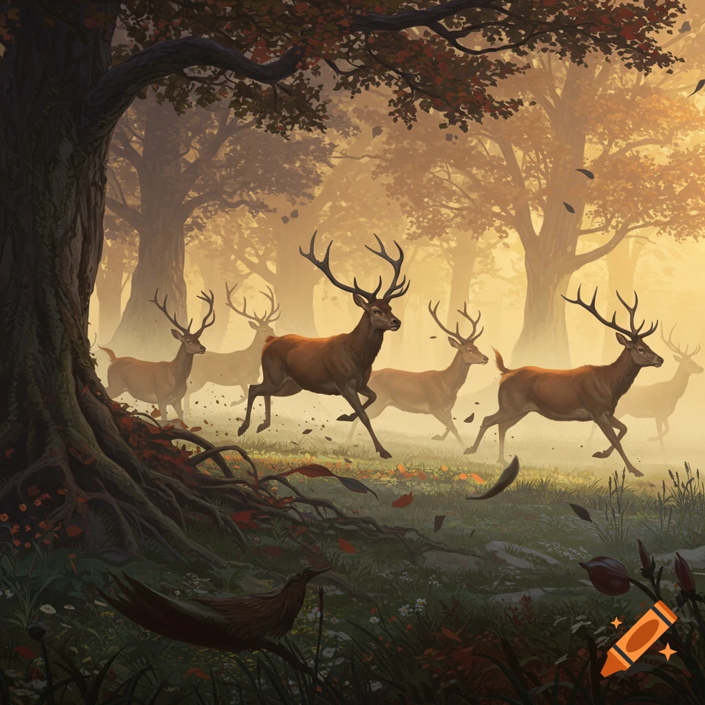 A herd of deer with large antlers stampeding through an autumn forest with warm, hazy sunlight.