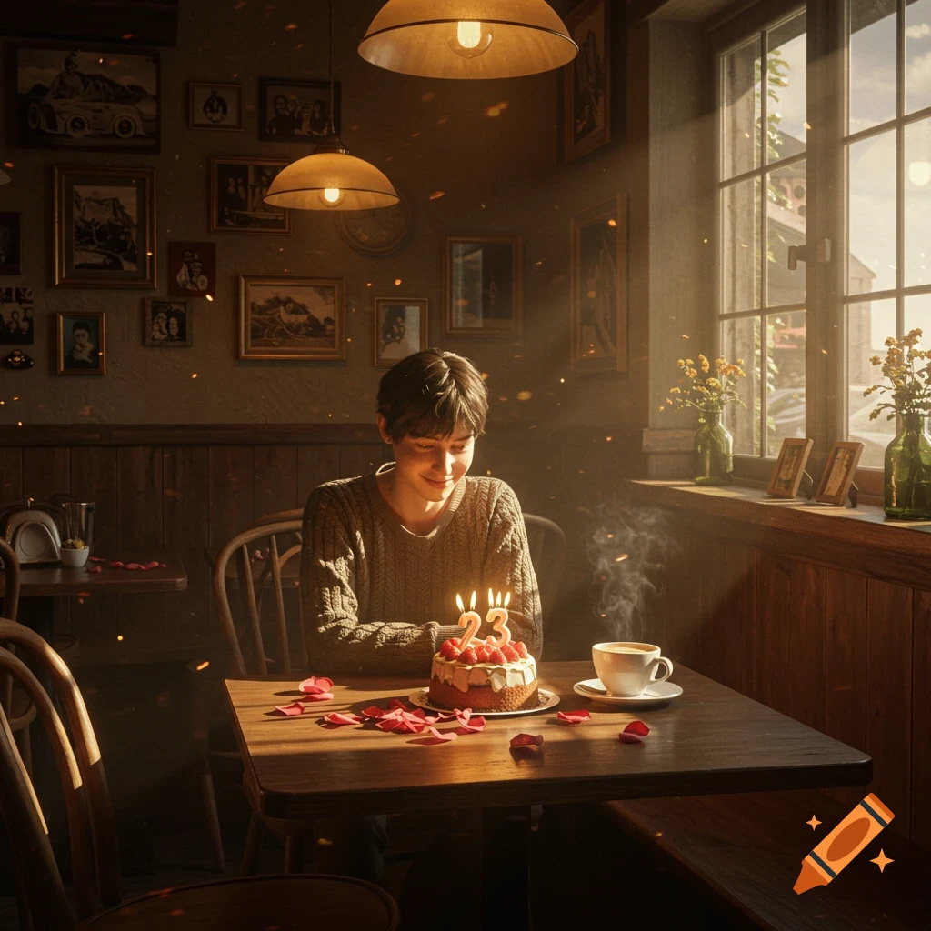 A person with short hair smiles at a birthday cake with 23 candles in a sunlit, cozy cafe, with rose petals on the table and a coffee cup beside the cake. Photorealistic style.