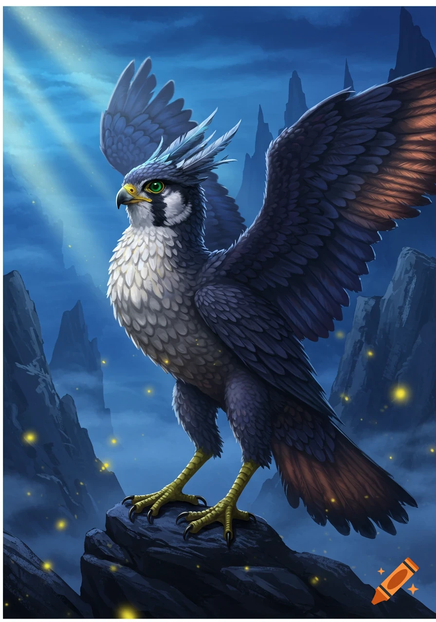 A majestic, stylized falcon-like fantasy bird with green eyes and blue-grey feathers, standing on a rock in a mystical mountain landscape at dusk with glowing lights.