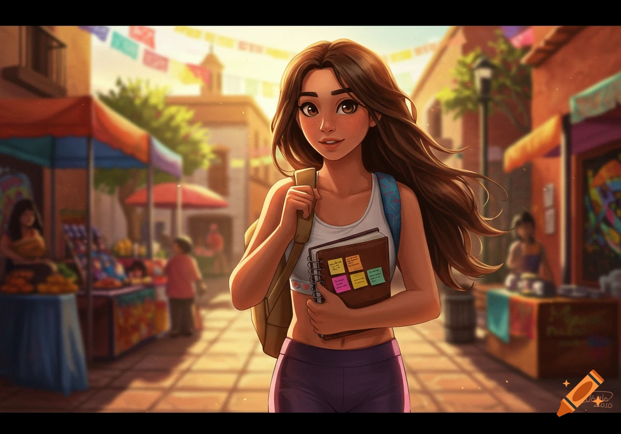 Smiling long-haired Mexican girl in sports attire walks through a vibrant market street, holding a notebook and backpack, digital illustration.
